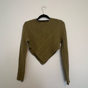 Olive Point-Hem Cable Knit Crewneck Sweater - Women's